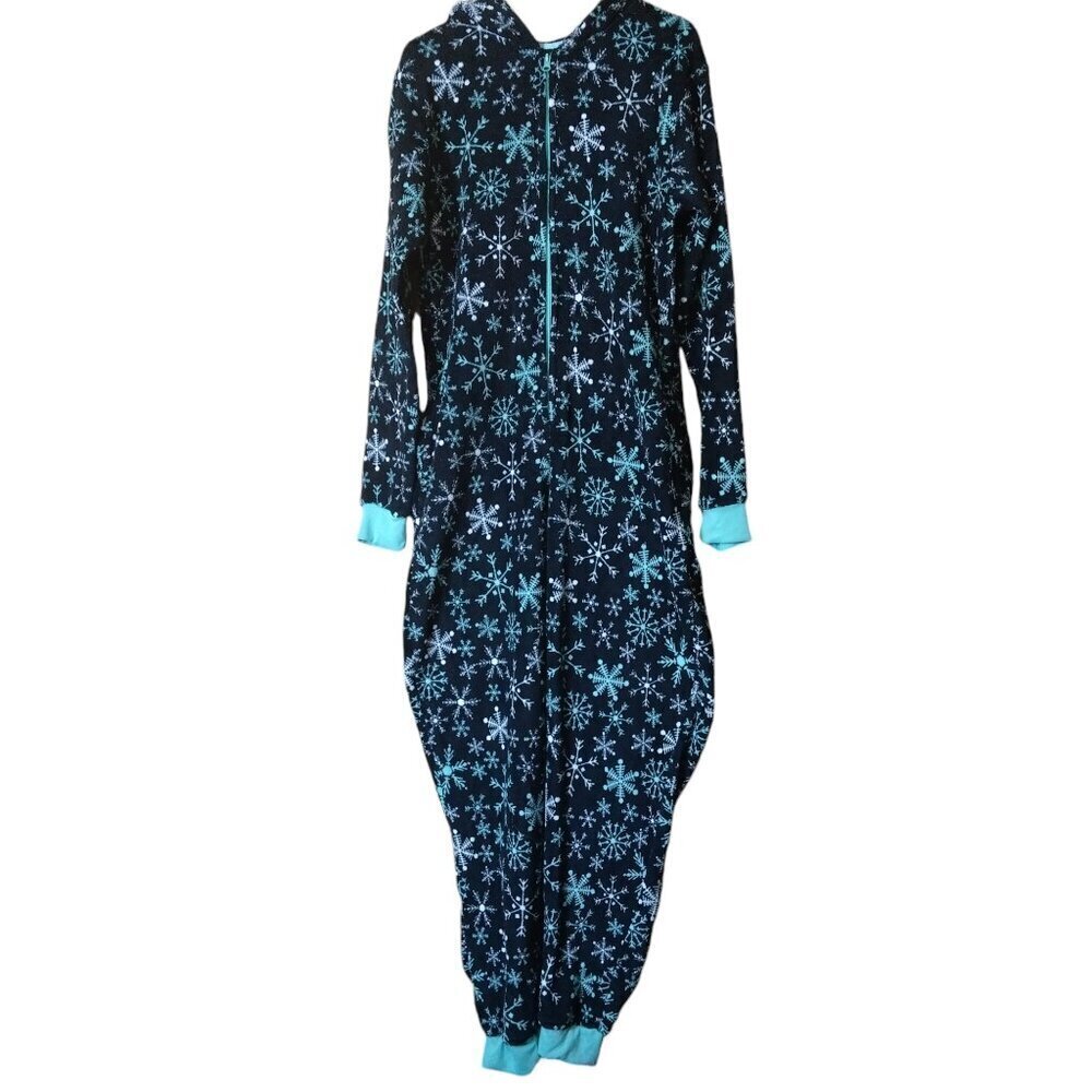 BODY CANDY ONE PIECE HOODED PLUSH PAJAMAS SNOWFLAKES ZIP UP SIZE LARGE COMFY